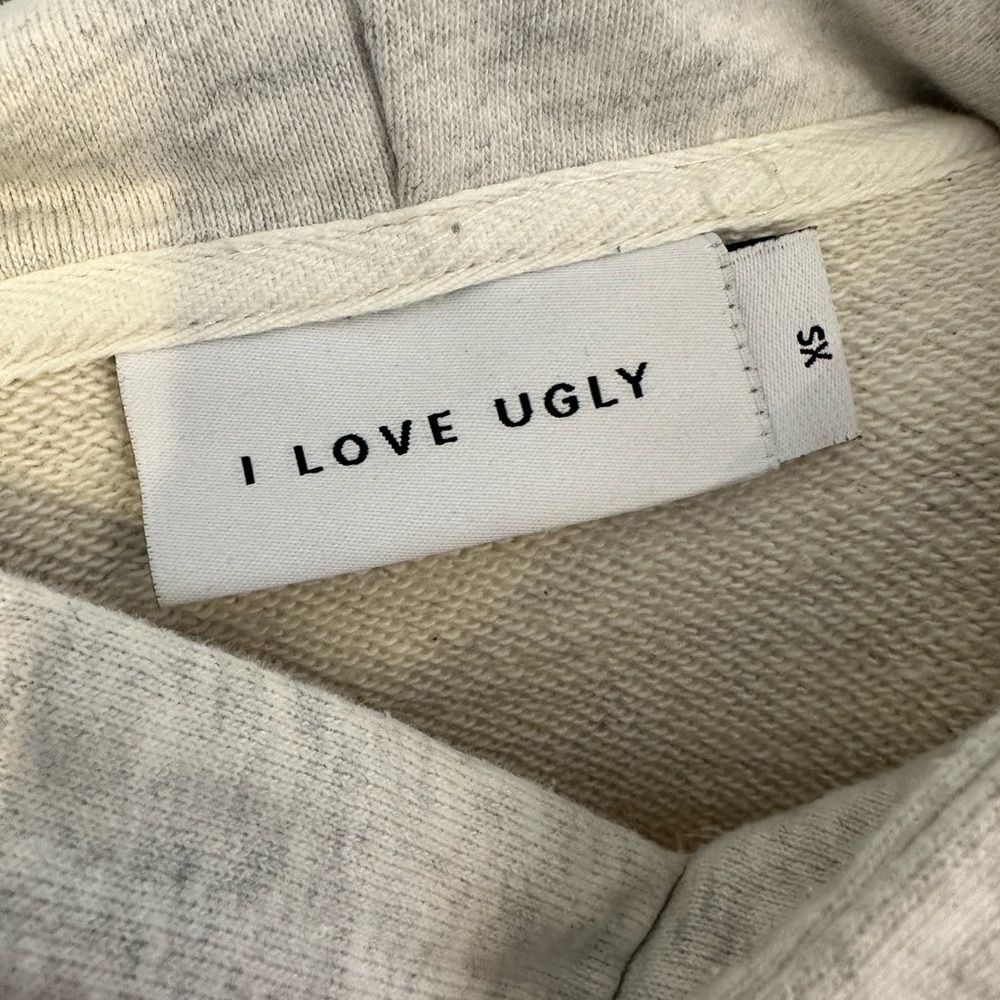 “I Love Ugly" oversized hoodie light Heather gray size XS EUC. Unisex - Picture 11 of 13
